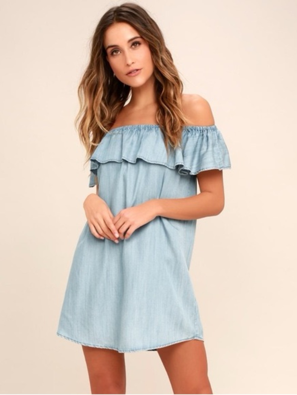 H&M L. O. G. G. Light Blue Off-Shoulder Chambray Denim Ruffle Shift Dress XS
